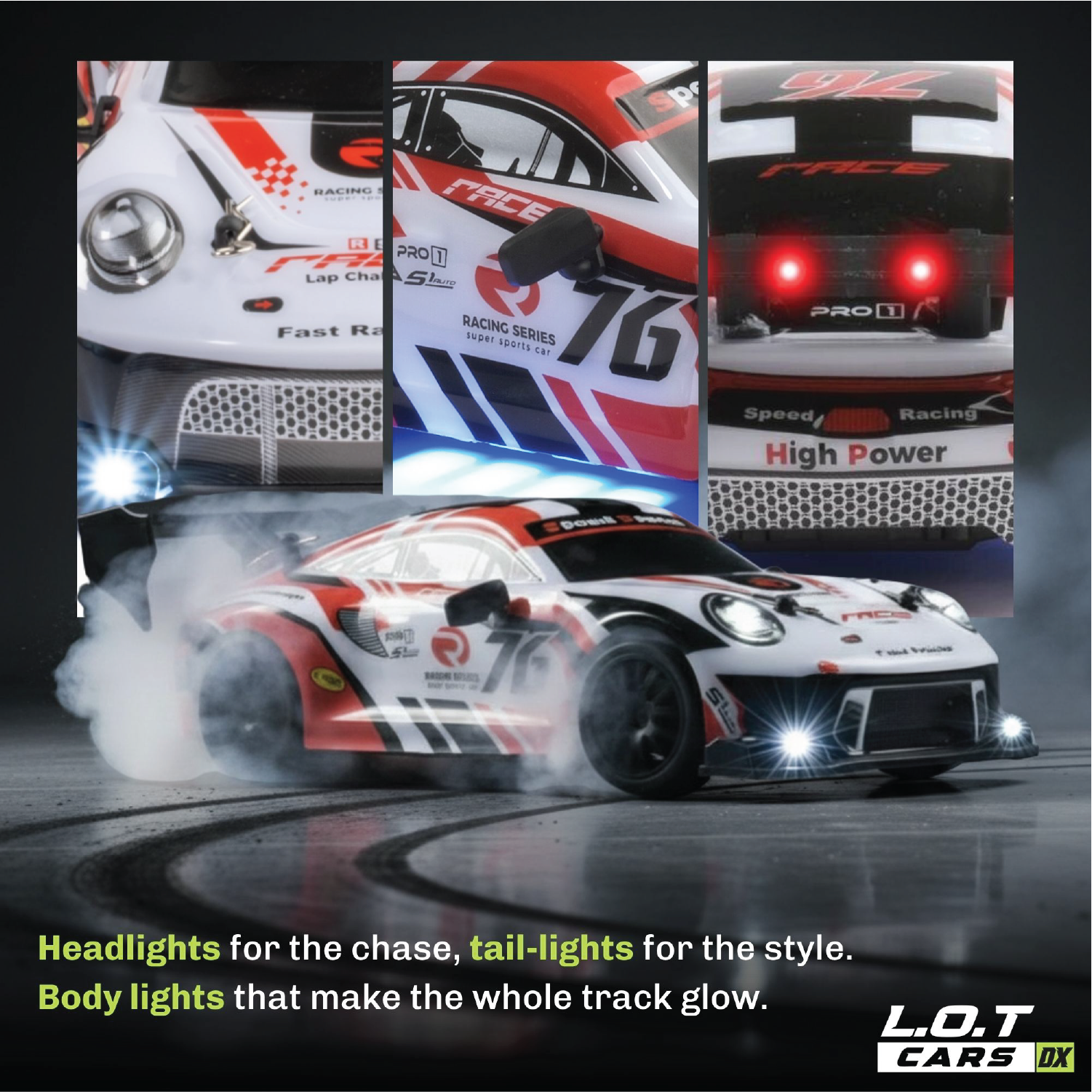 RC car with various light components on a dark background, featuring L.O.T Cars branding.