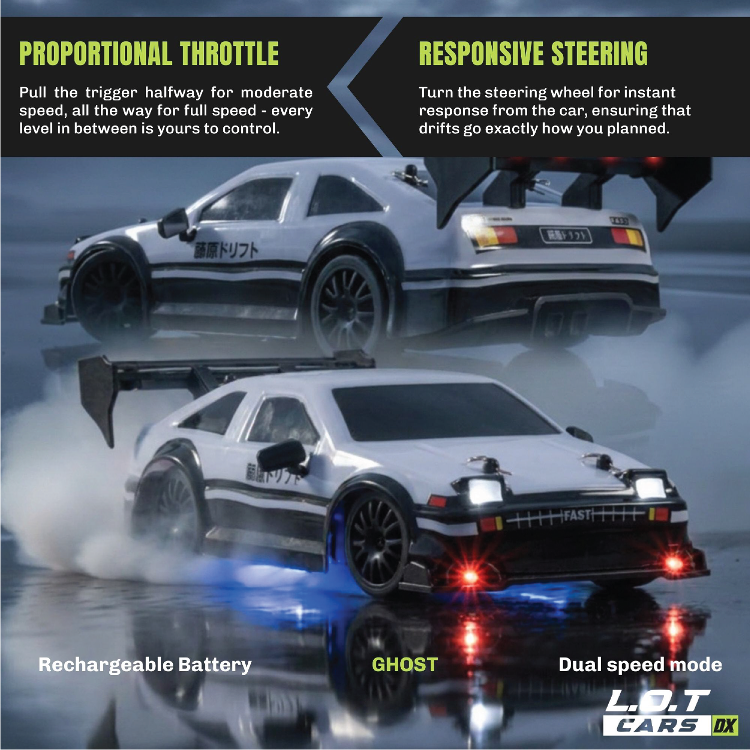 RC car with features highlighted on a dark background