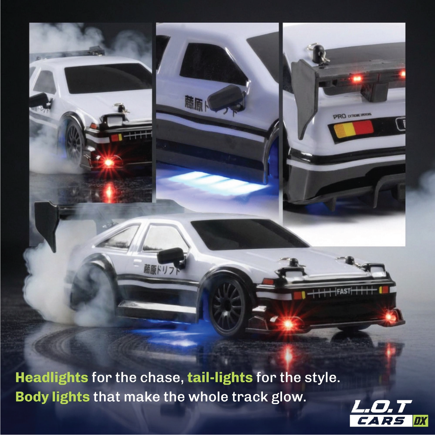 RC car with detailed lights and smoke effects, featuring L.O.T Cars branding.