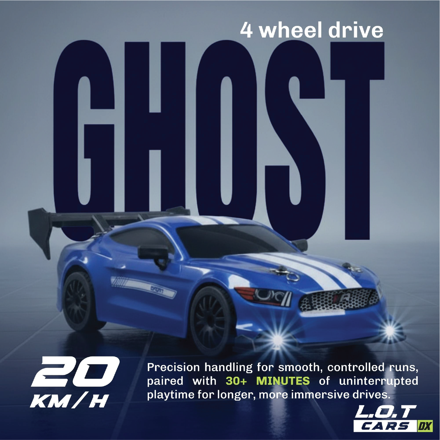 Blue RC car with '4 wheel drive GHOST' text on a gray background