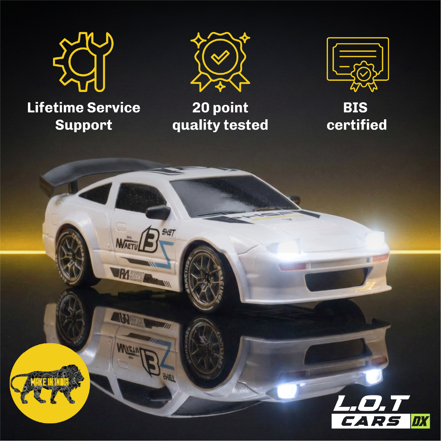 Flare 1.0 in Track White above badges for lifetime service support, 20-point quality testing and BIS certification