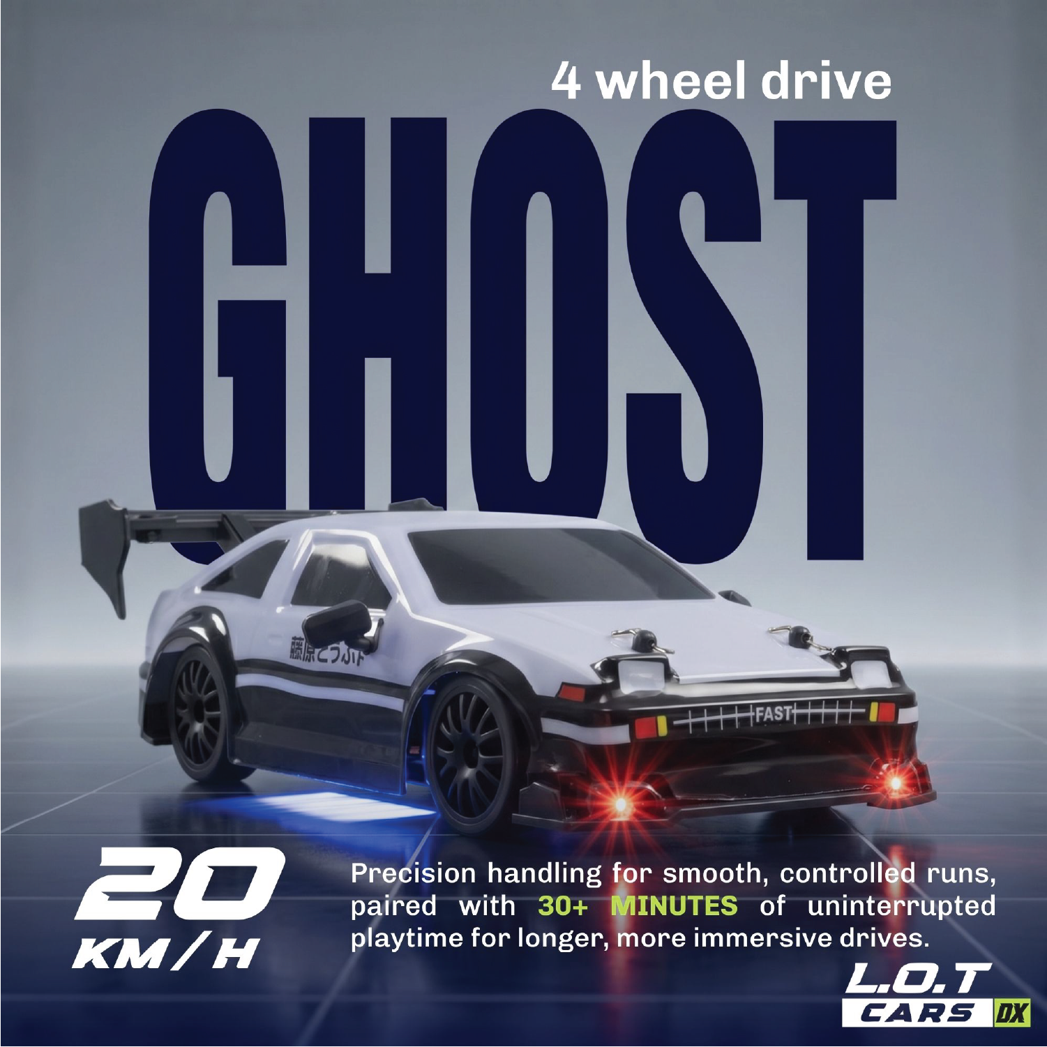 RC car with '4 wheel drive GHOST' branding on a gray background