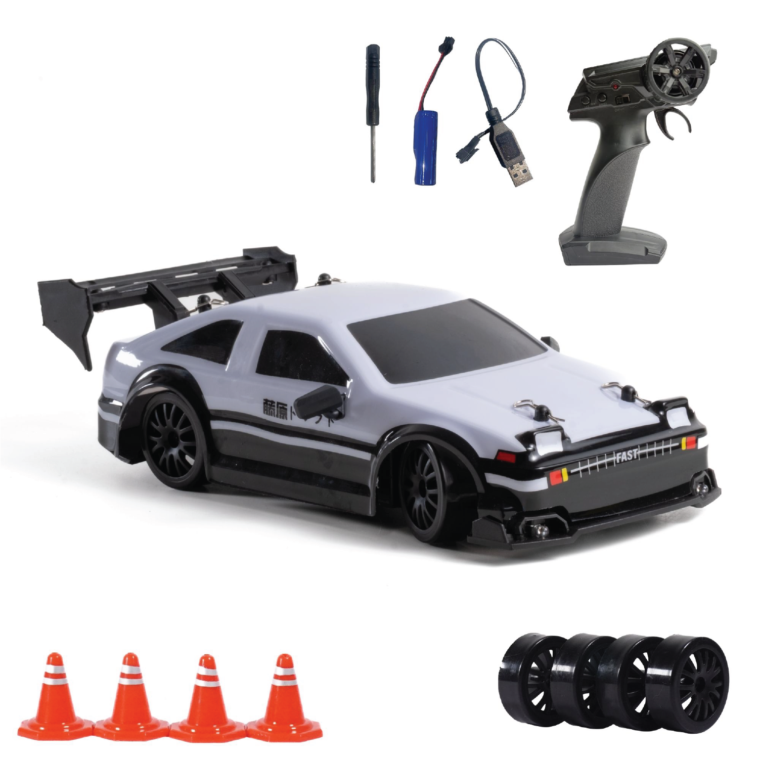 RC car with accessories including a remote control, connectors, and cones on a white background