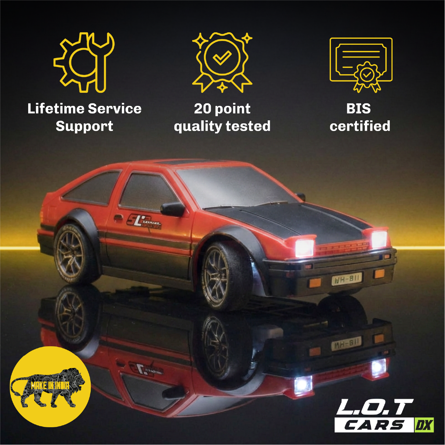 Flare 1.0 in Street Red above badges for lifetime service support, 20-point quality testing and BIS certification