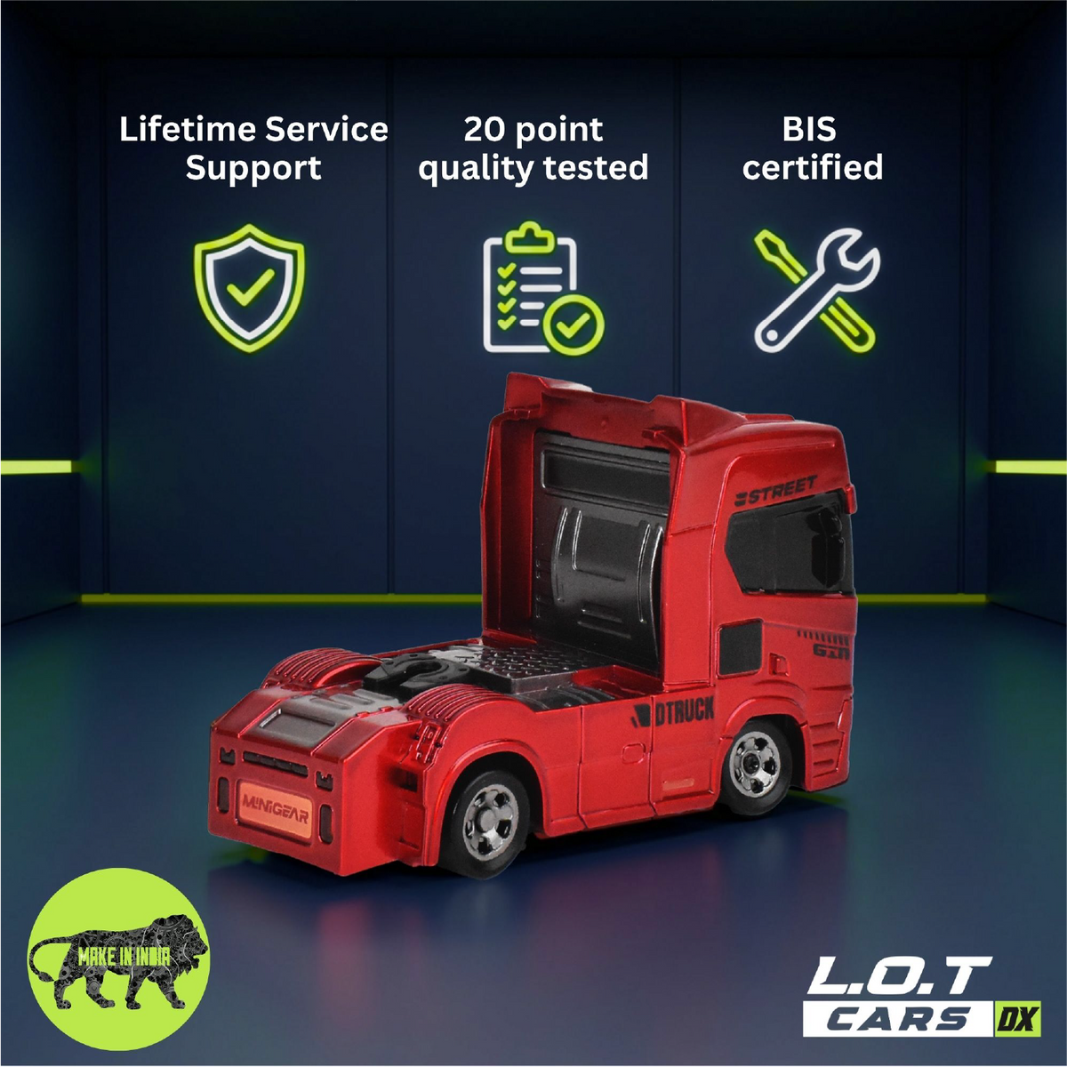 Trust badges for the red Mac: lifetime service support, 20-point quality tested and BIS certified