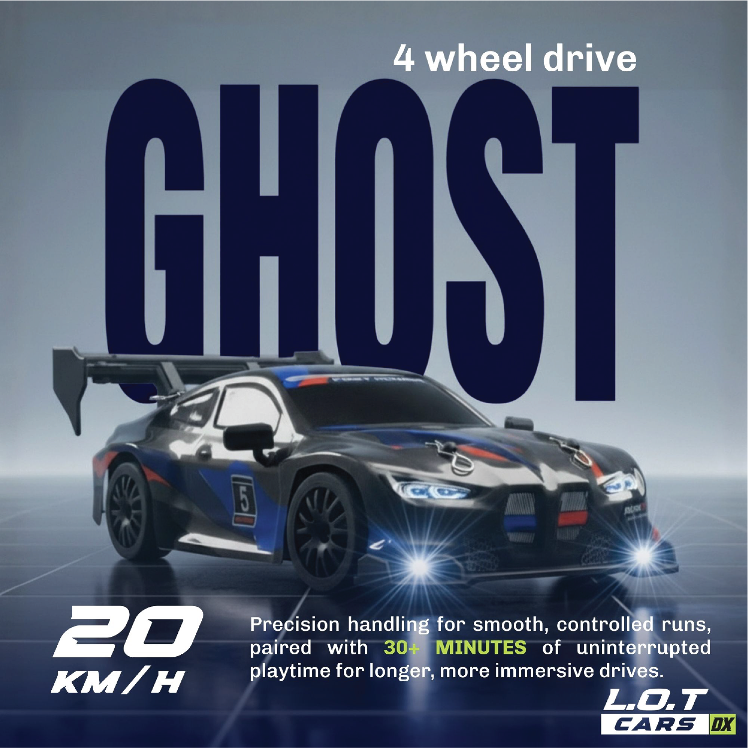 RC car with '4 wheel drive GHOST' text and specifications on a gray background
