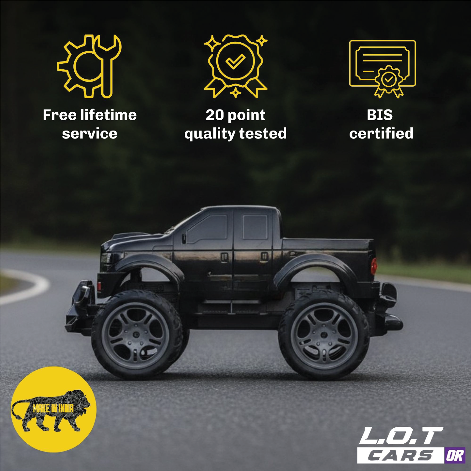 Black RC truck on a road with certification icons and text on a dark background