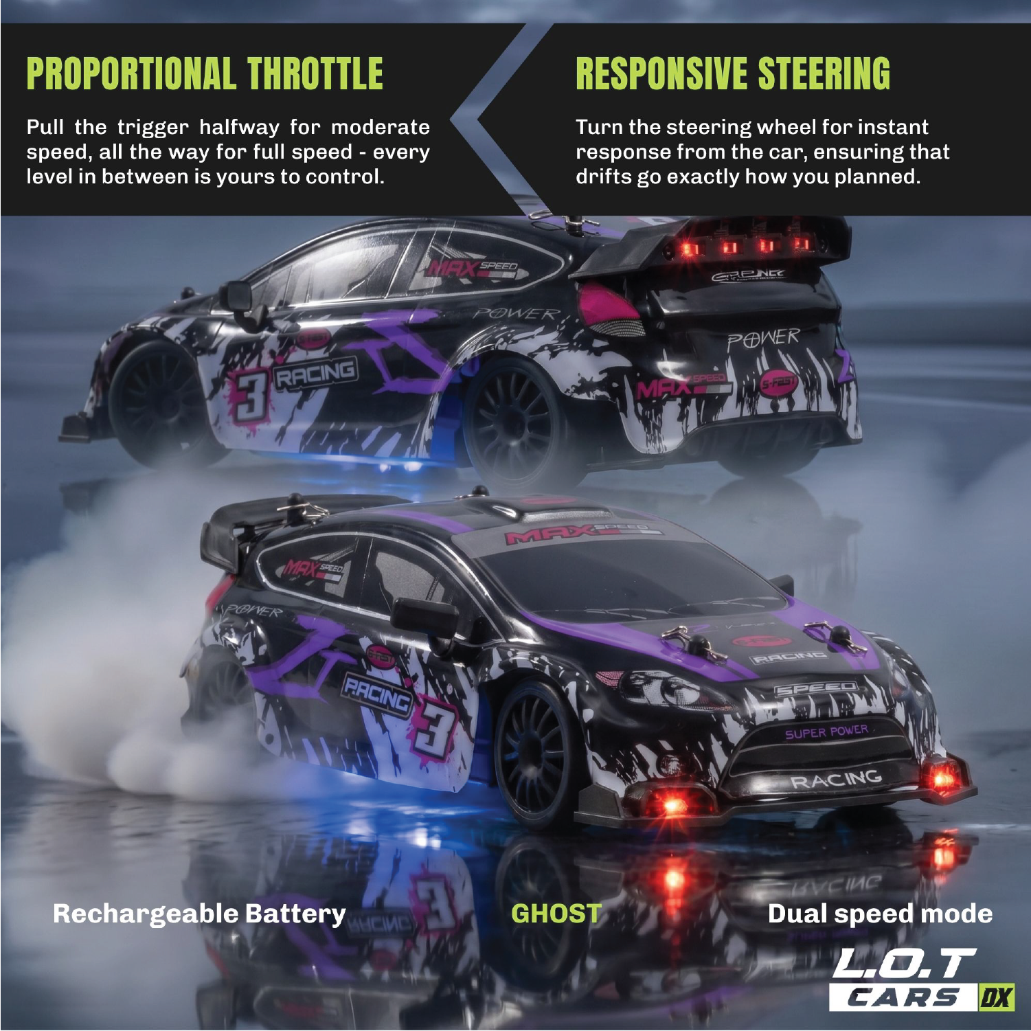 RC cars with features highlighted on a dark background