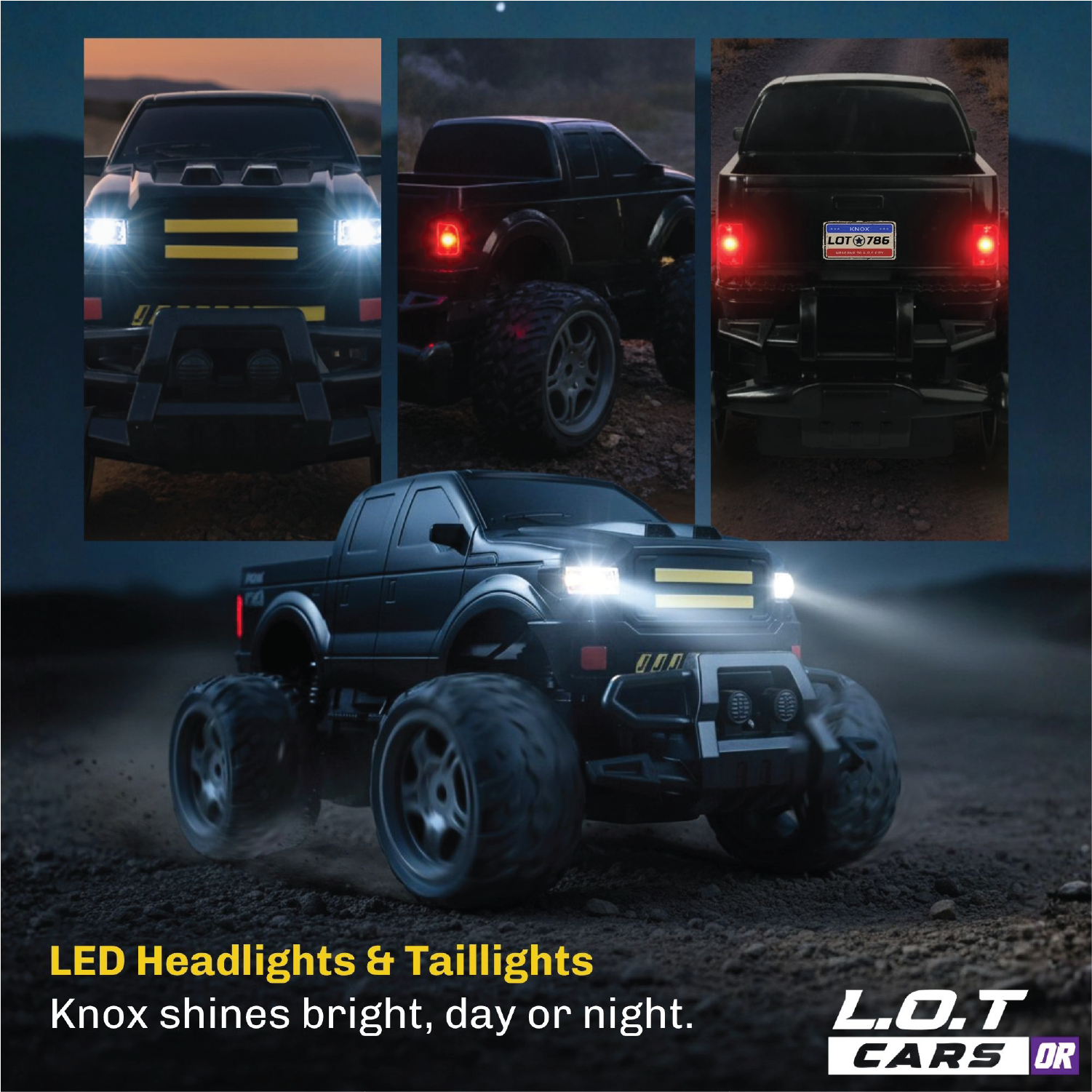 RC car with LED headlights and taillights on a dark background, featuring L.O.T Cars branding.