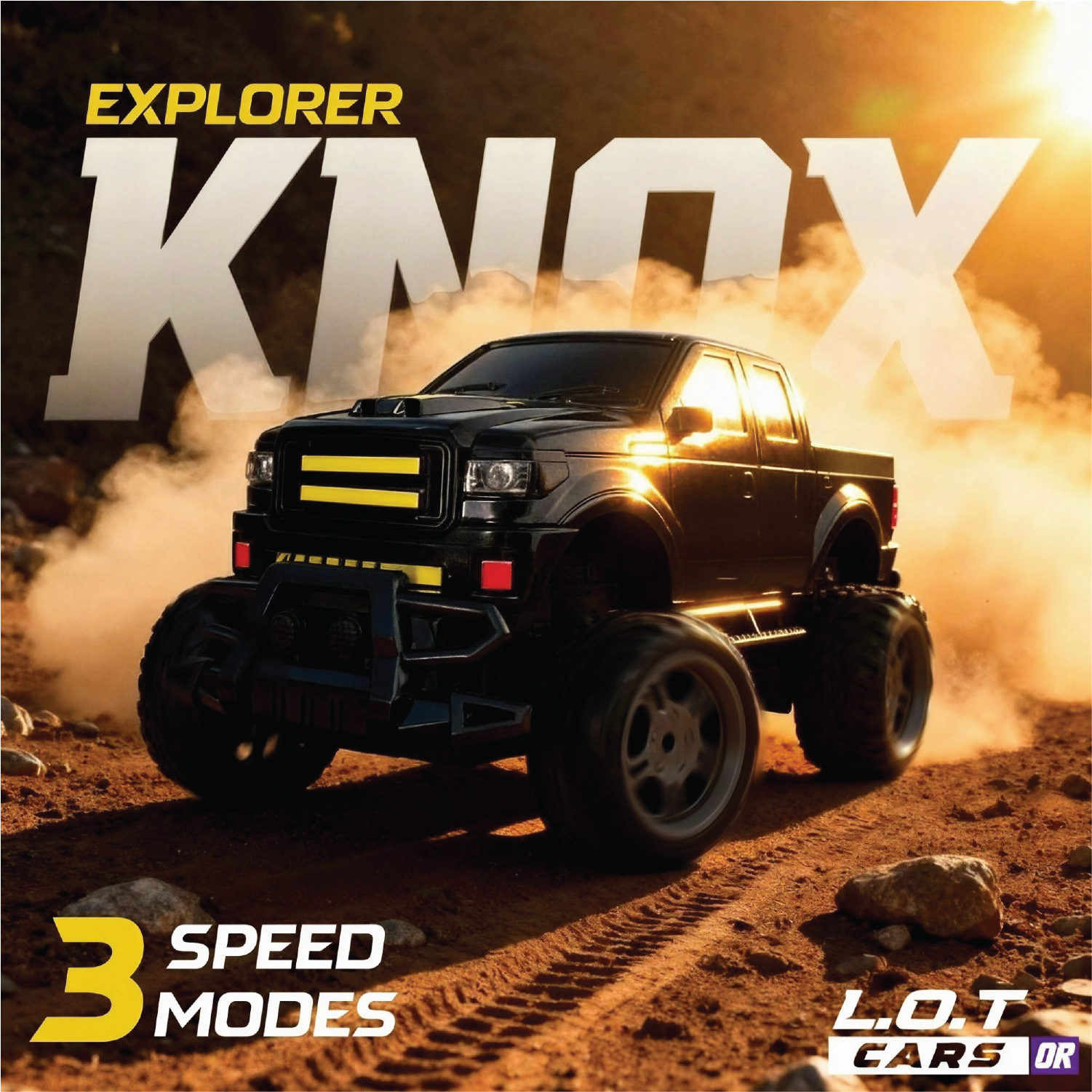 Black off-road RC car on a dirt road with 'Explorer Knox' branding and '3 Speed Modes' text.