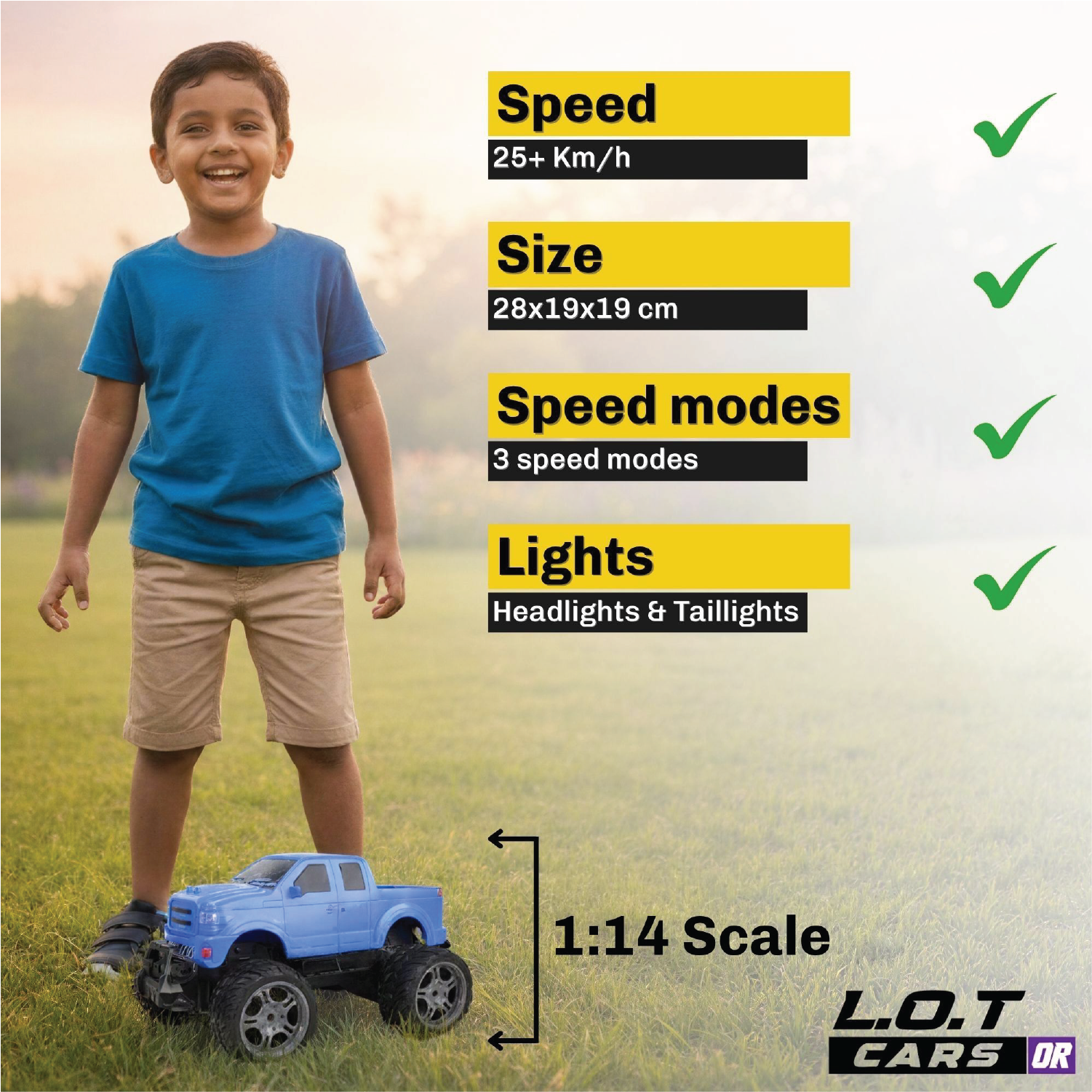 Child standing next to an RC truck with product features listed on a blurred natural background