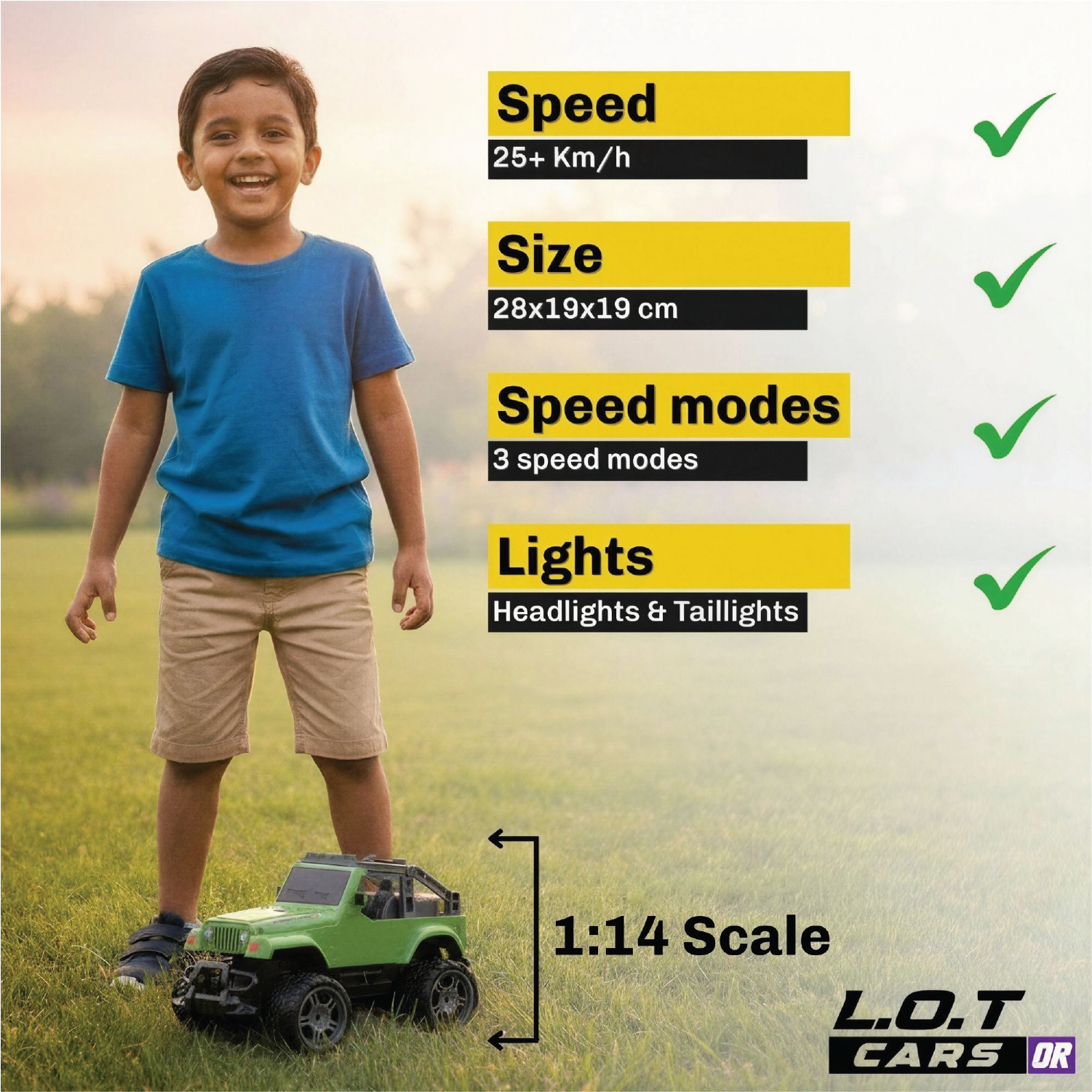 Child standing next to a green RC car with product features listed on a grassy background