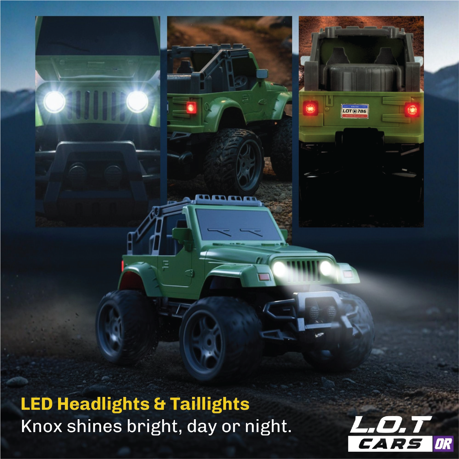 RC truck with LED headlights and taillights on a dark background, featuring L.O.T Cars branding.
