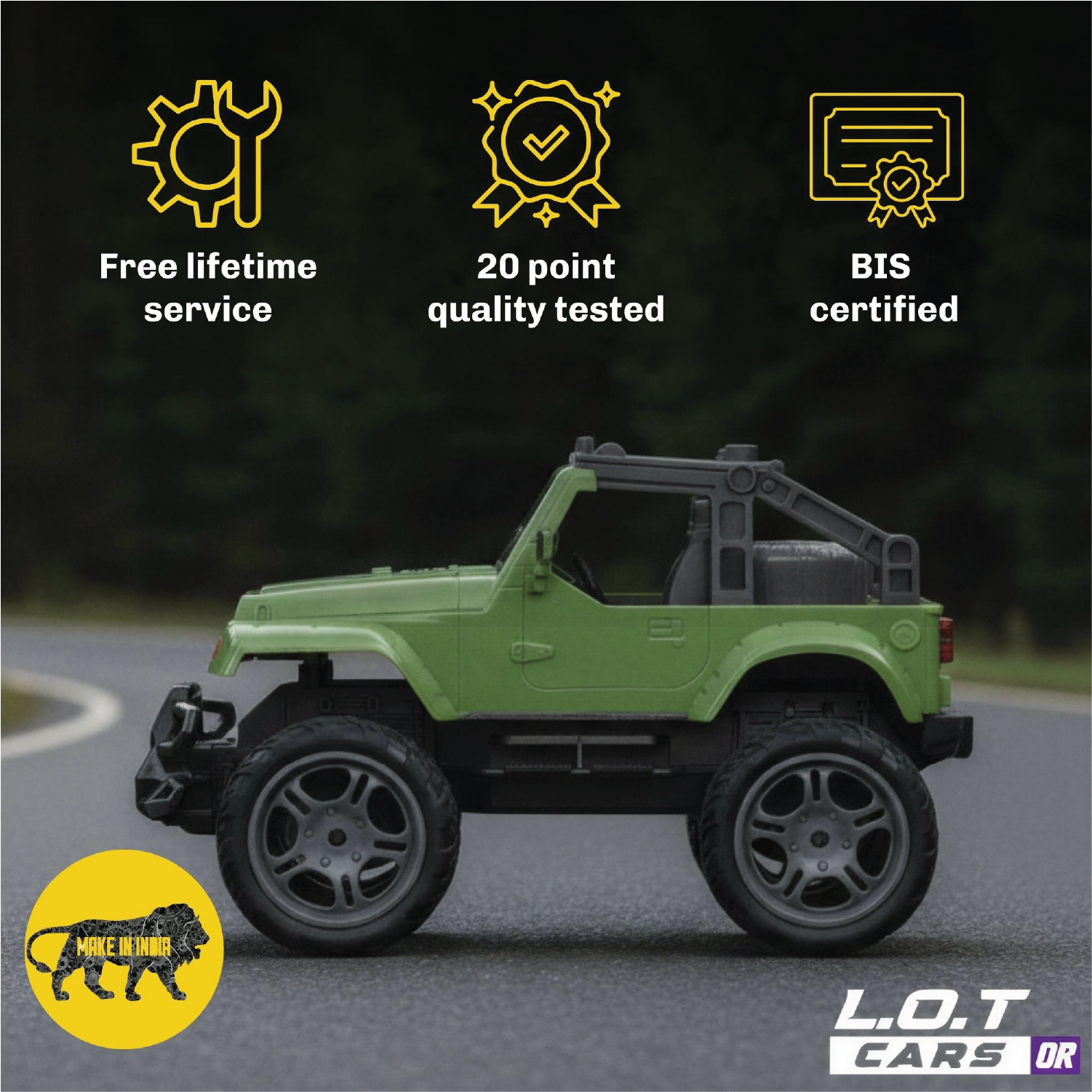 Green RC jeep on a road with certification icons and text above it, on a dark background.