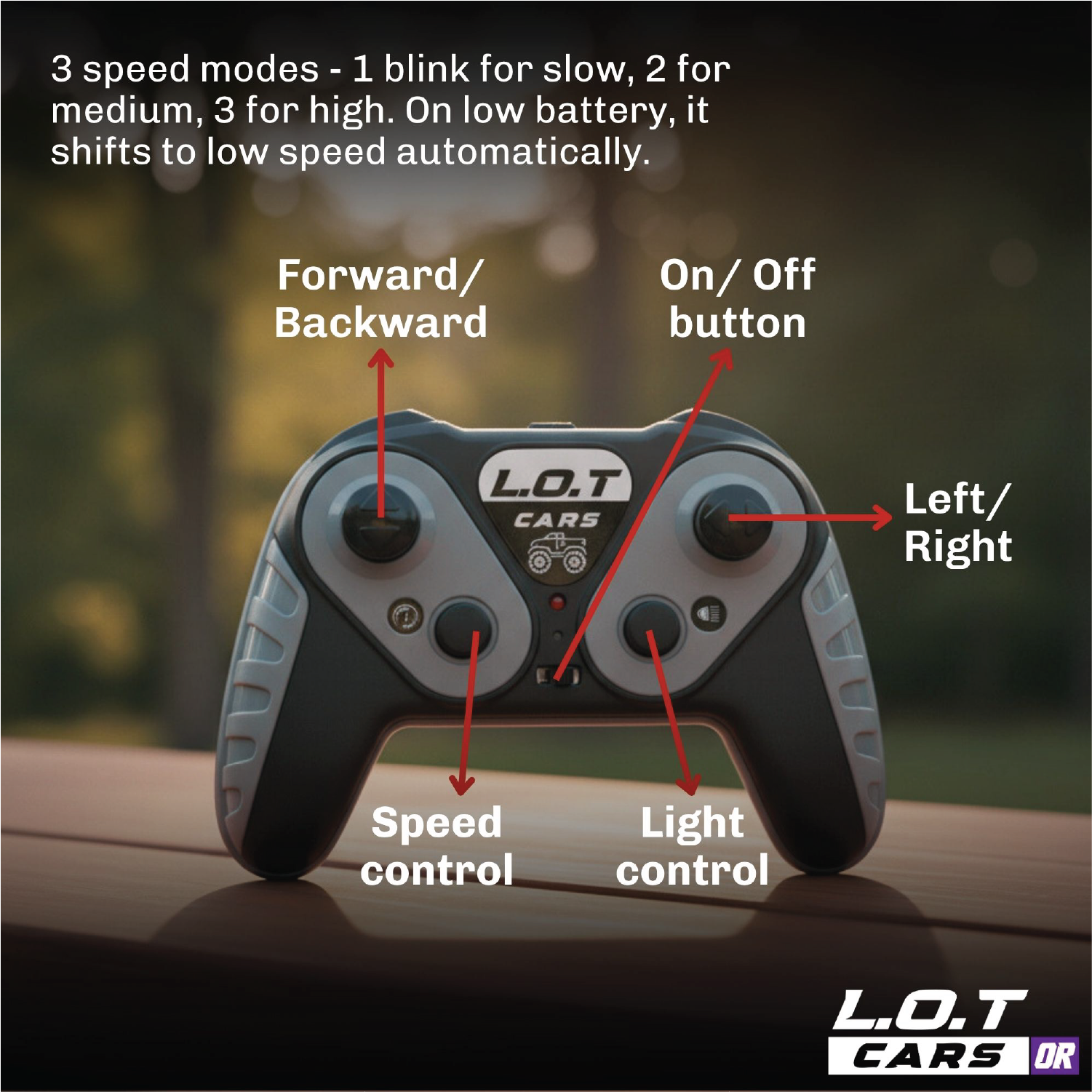 Remote control for L.O.T. Cars with labeled buttons on a blurred background