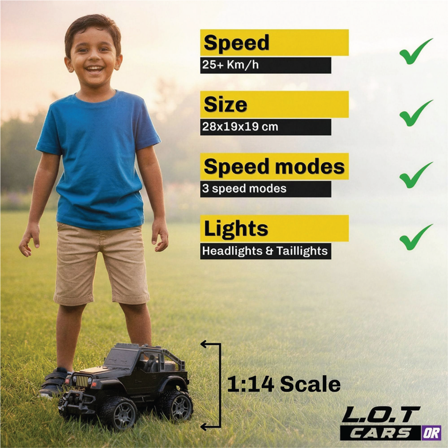Child standing next to an RC car with product features listed on the right