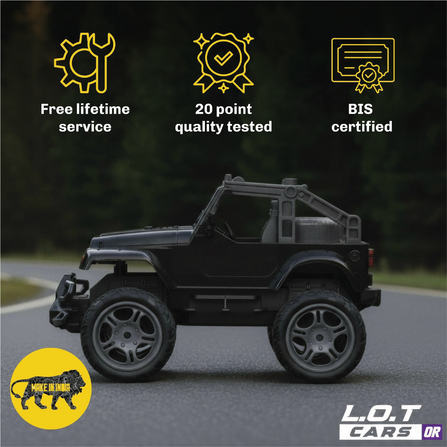 RC jeep on a road with certification icons and text on a dark background