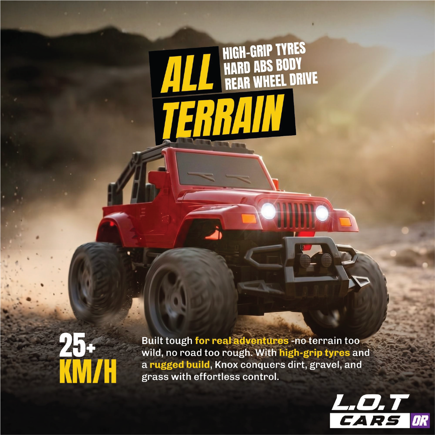 Red RC off-road vehicle on a dirt road with promotional text about its features.