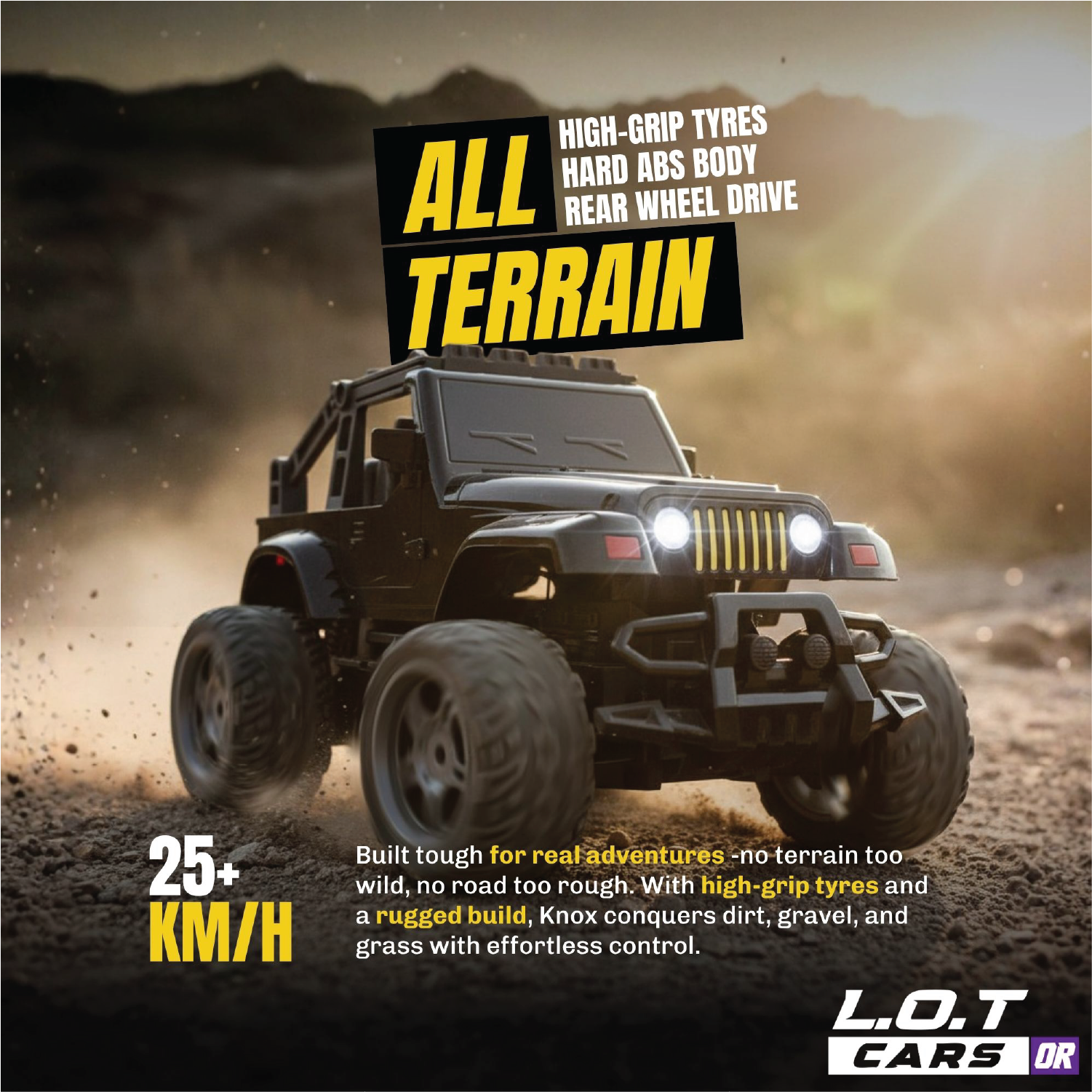 RC off-road vehicle on a desert background with text about its features.