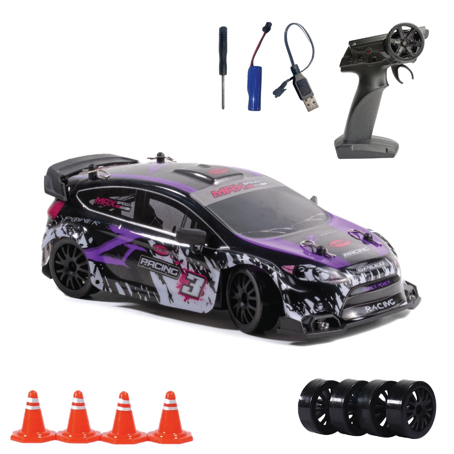 RC car set including RC car, remote control and obstacle cones and other accessories.