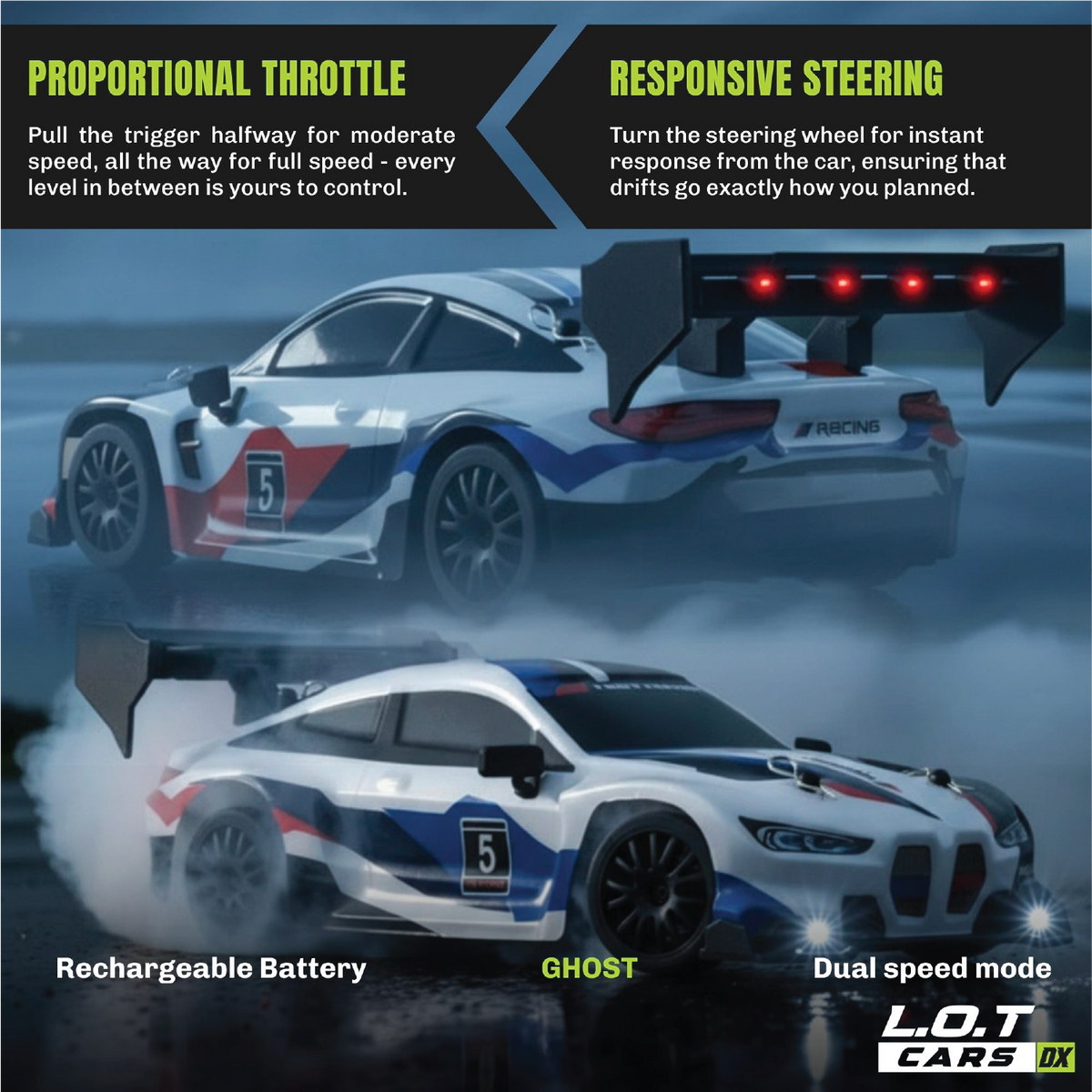 Proportional throttle and responsive steering explained on the Ghost in UG White, shown drifting through smoke