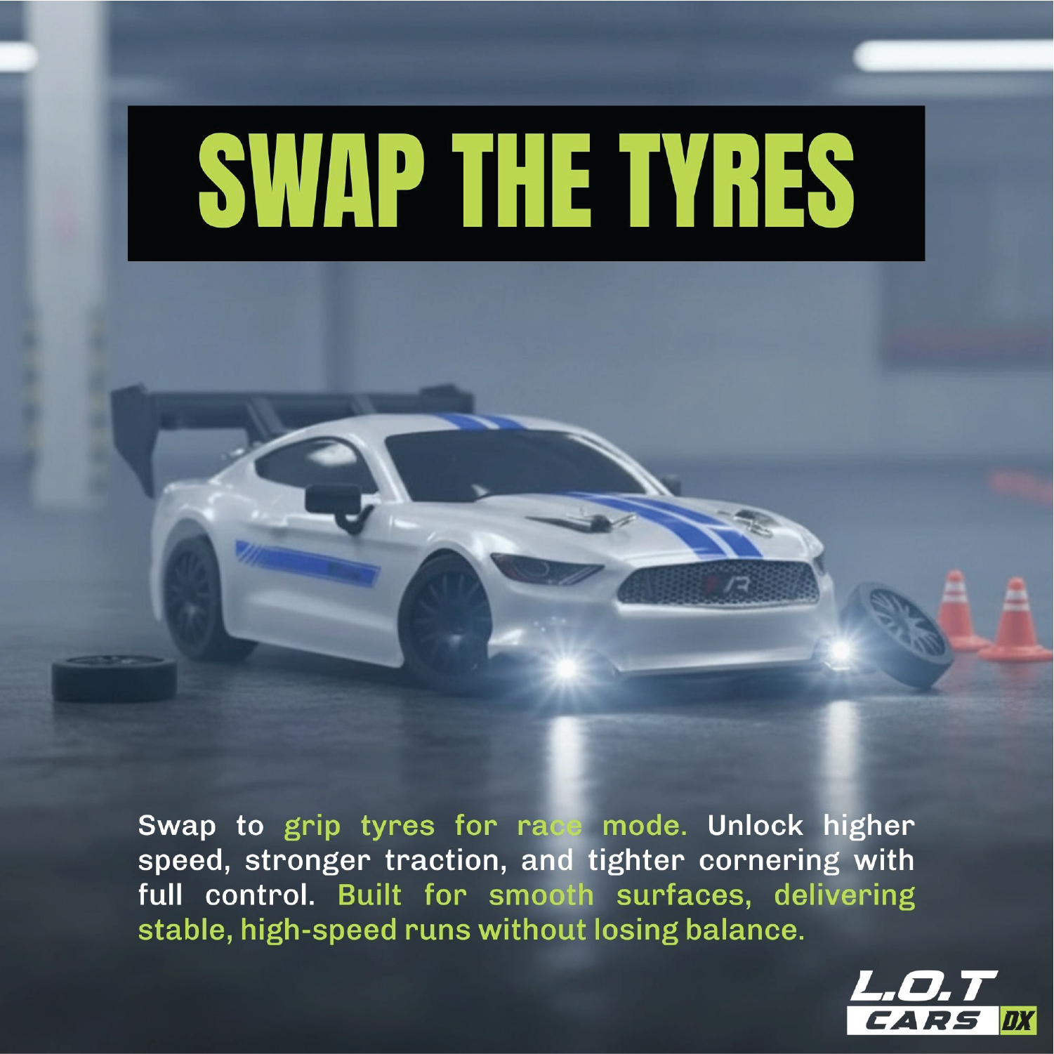 White RC car with blue stripes on a track, promoting tyre swap for racing mode.