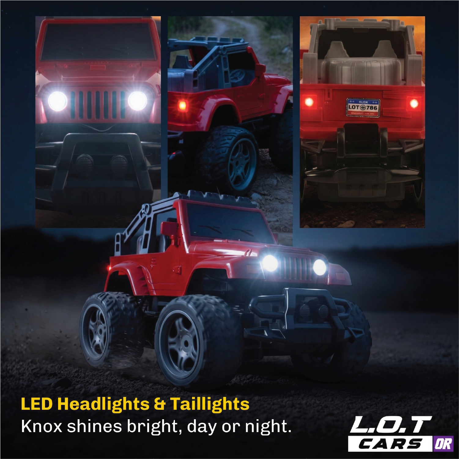 Red RC car with LED headlights and taillights on a dark background, featuring the L.O.T Cars brand.
