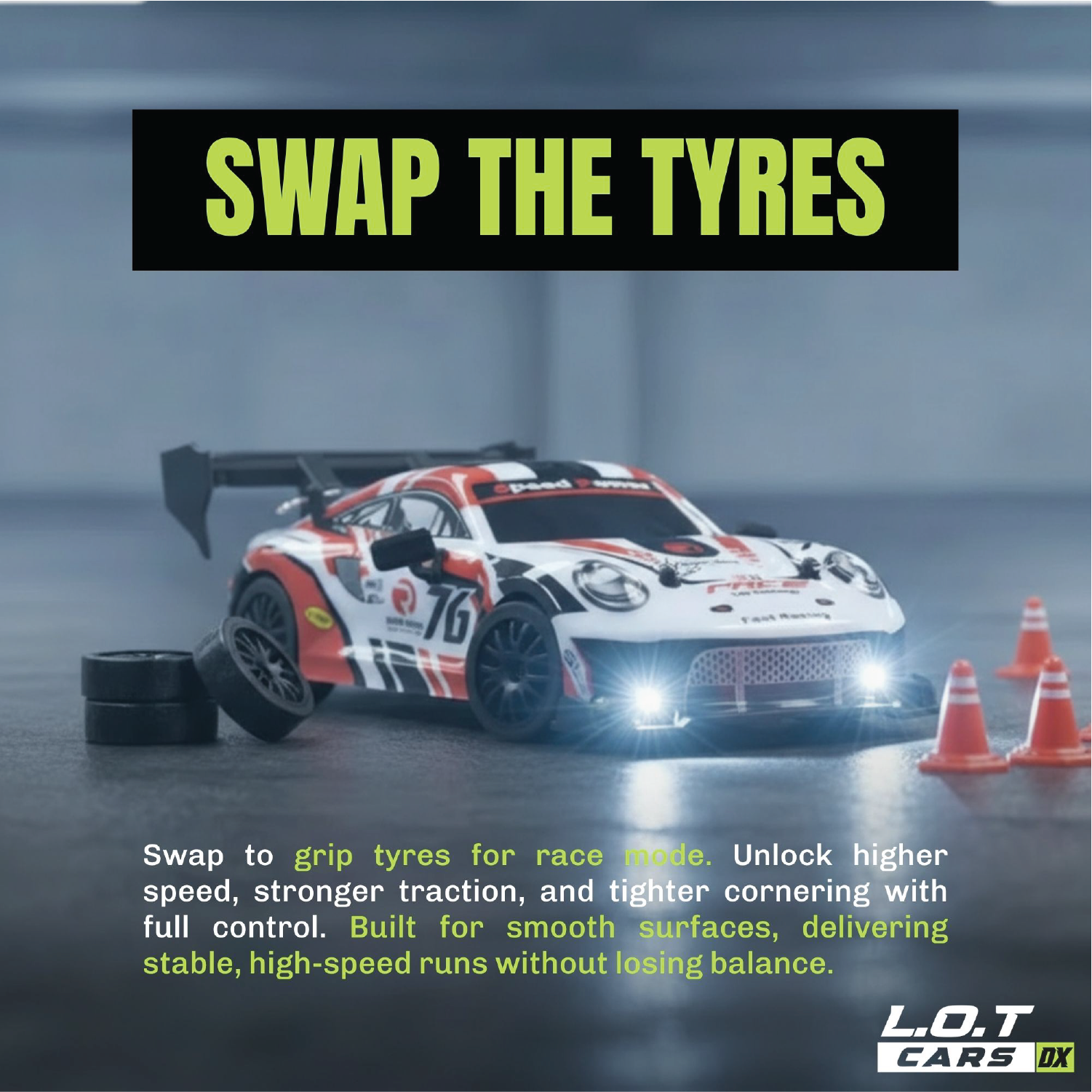 RC car on a track with text about tyre swapping and LDT Cars branding.