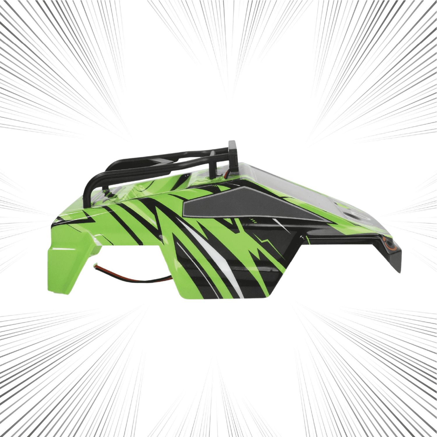 Green and black RC Car shell on a white background