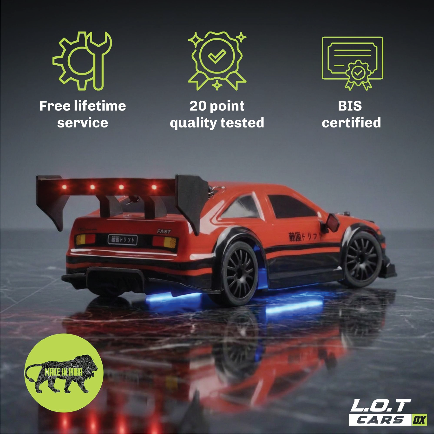 Red RC car with certification icons and text on a reflective surface