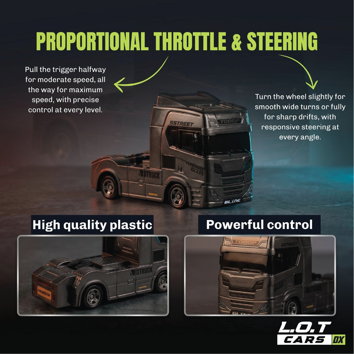 Proportional throttle and steering explained on the grey Mac, with insets for its high-quality plastic body and control