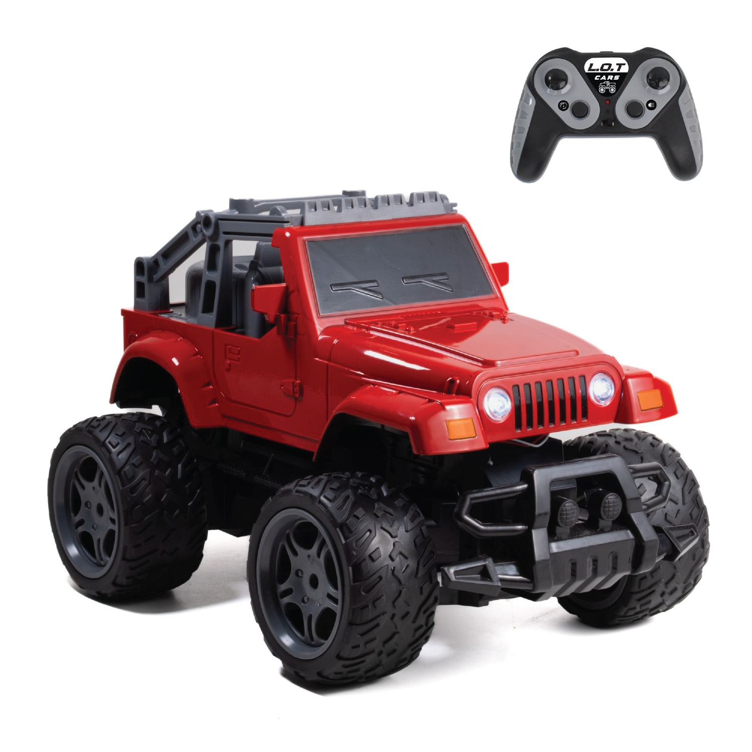 Red RC car with large black tires and a remote control on a white background