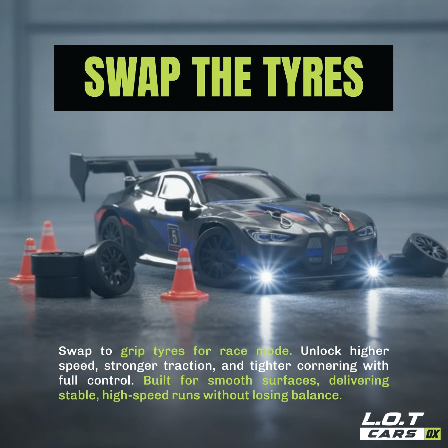 RC car with tires and cones on a track, promoting tyre swap for better performance.