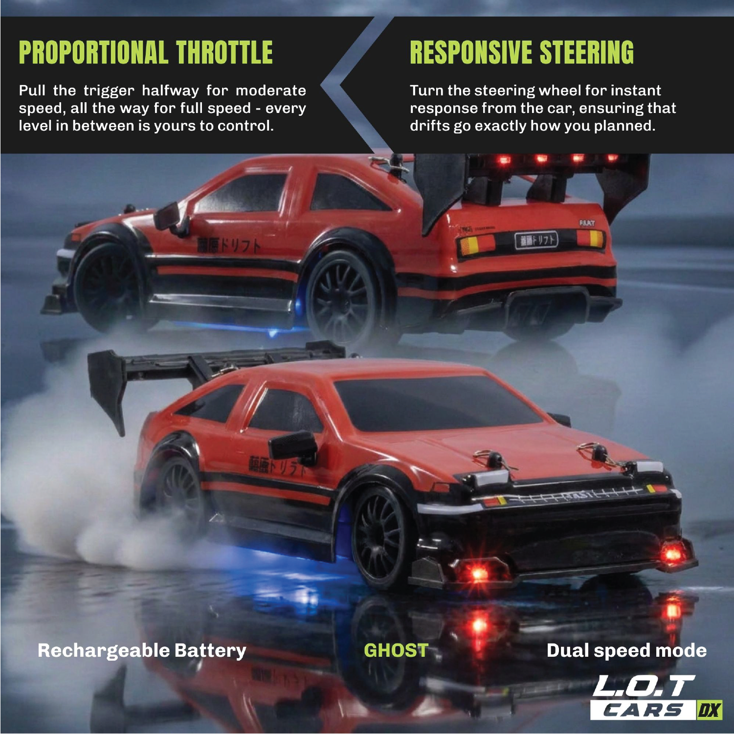 Red RC car with features highlighted on a dark background