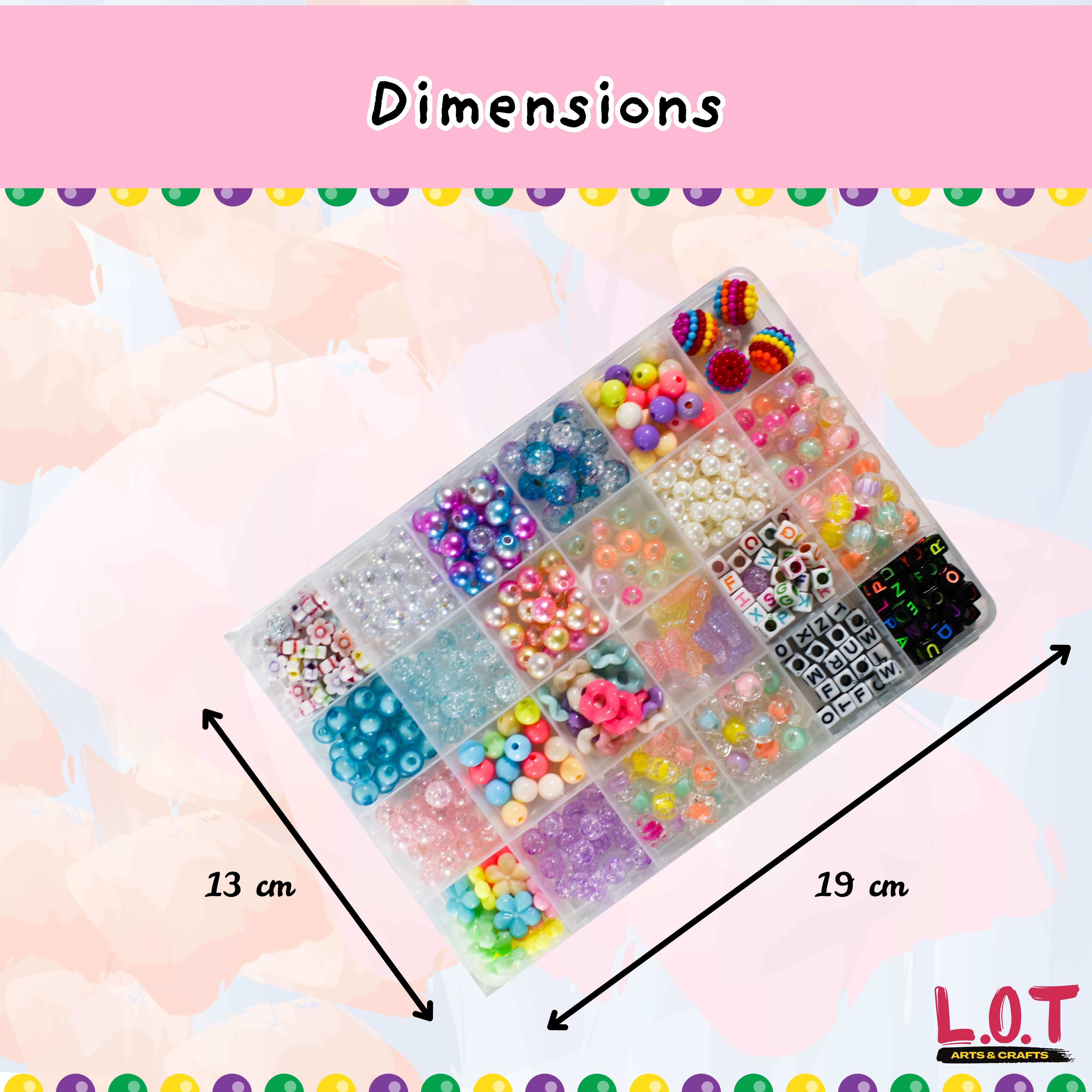 Colorful bead set in a transparent container with dimensions labeled on a pink background