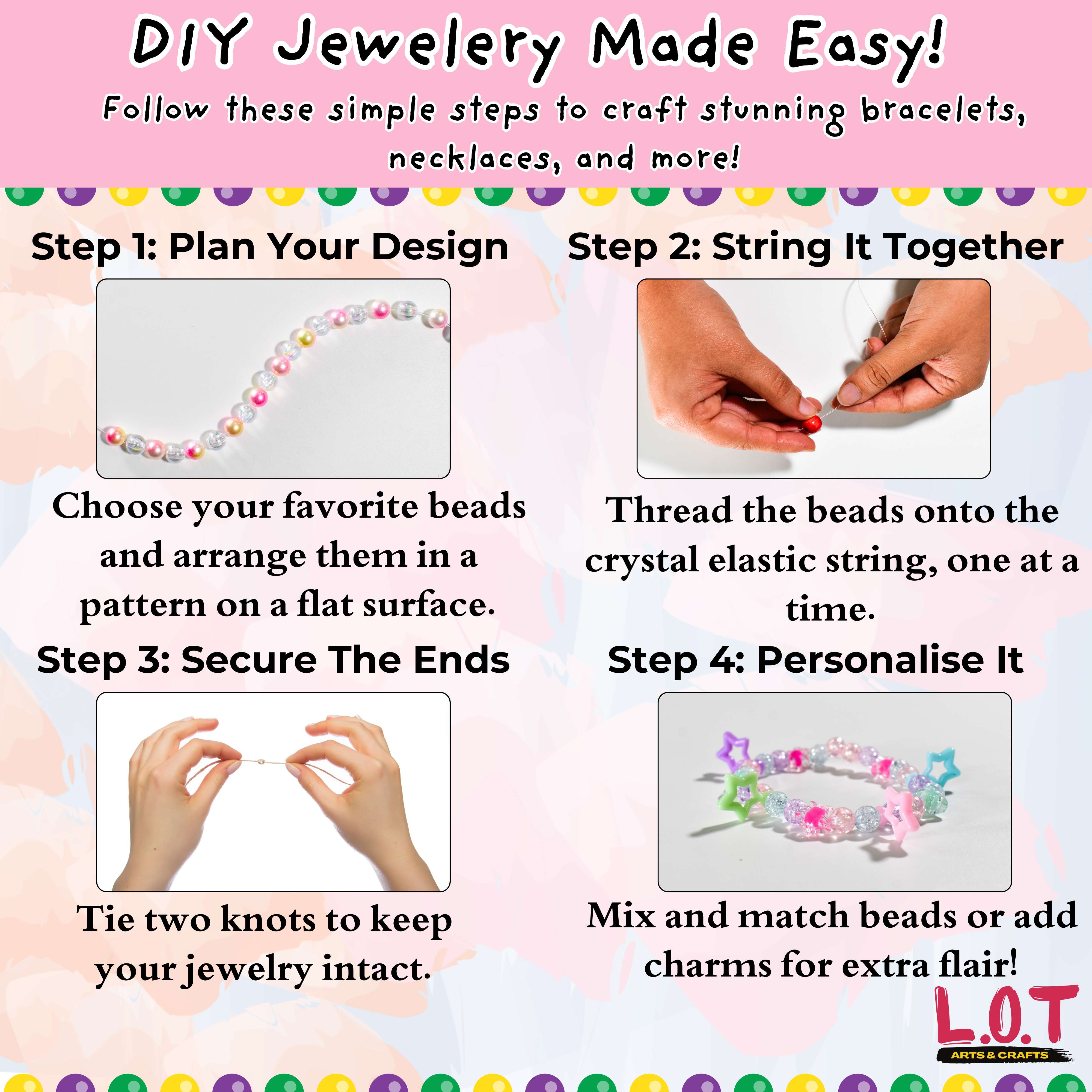 Instructions for making DIY jewelry with colorful beads and crystal elastic string on a pink background.