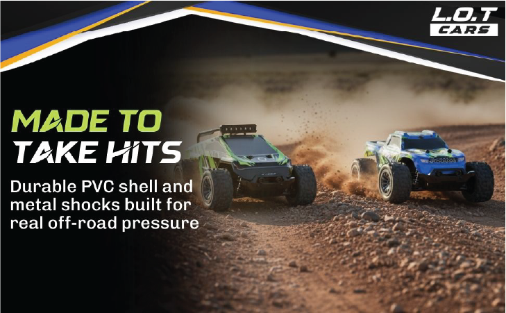 Two Off-Road RC cars showcasing its shell quality with L.O.T Cars branding on it.