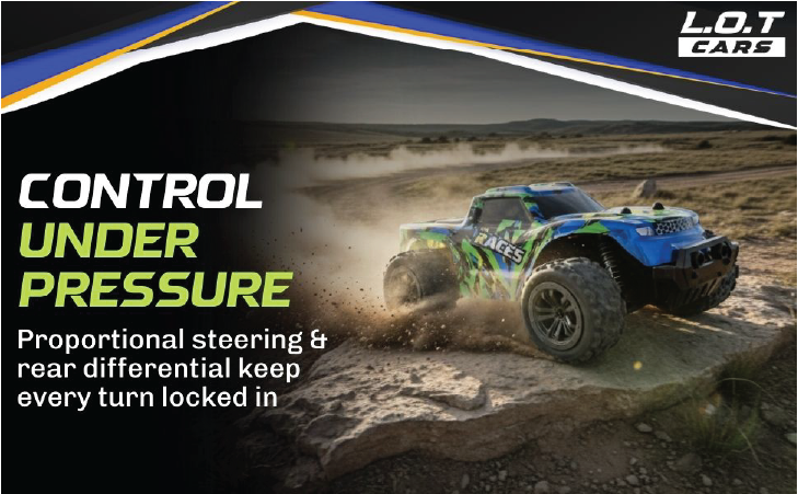 Off-road RC racing on a dirt track with promotional text about car control and features.
