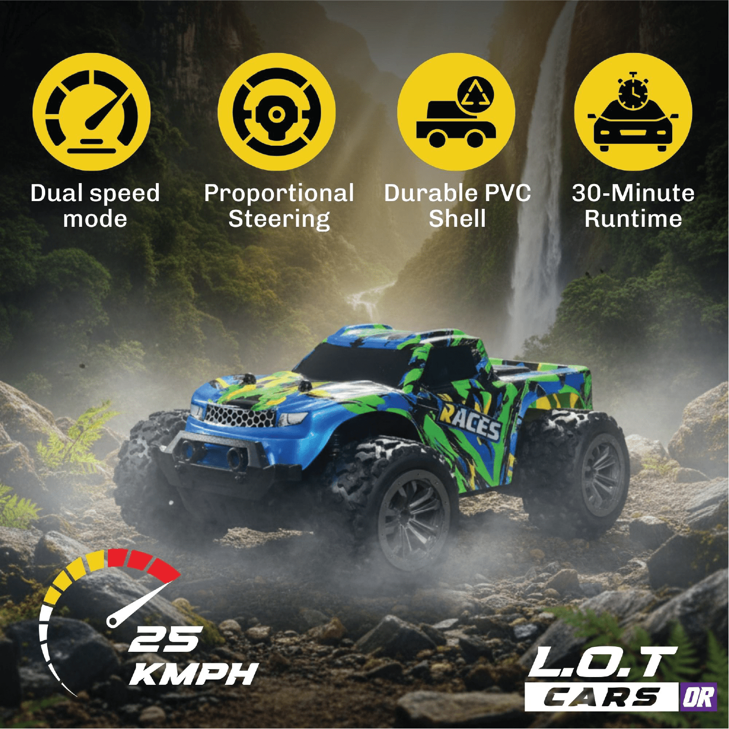 Two remote control cars on a rocky trail with feature icons and text overlay.