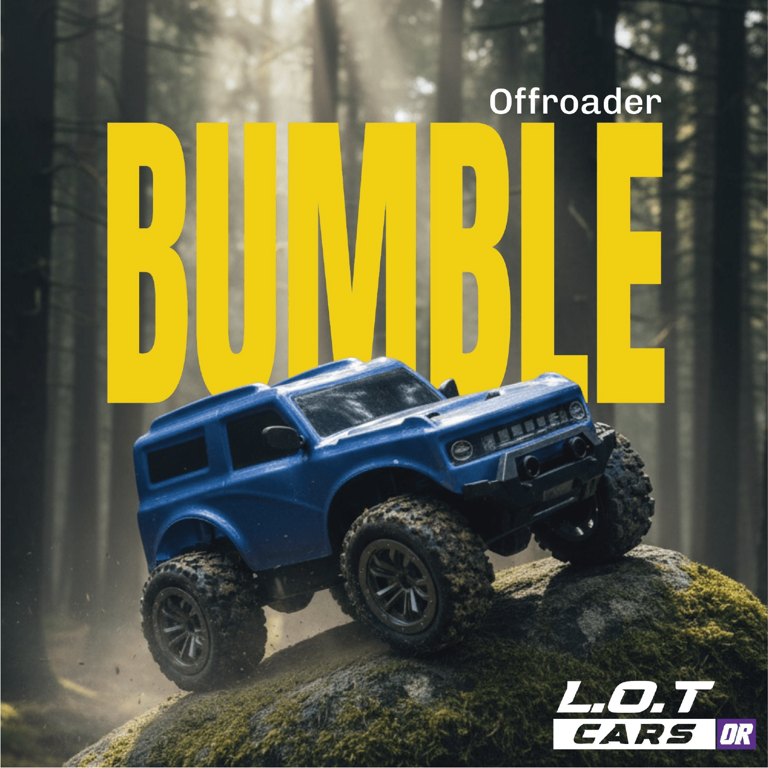 Blue RC car on a rock with text 'Off-road' and 'Bumble'.