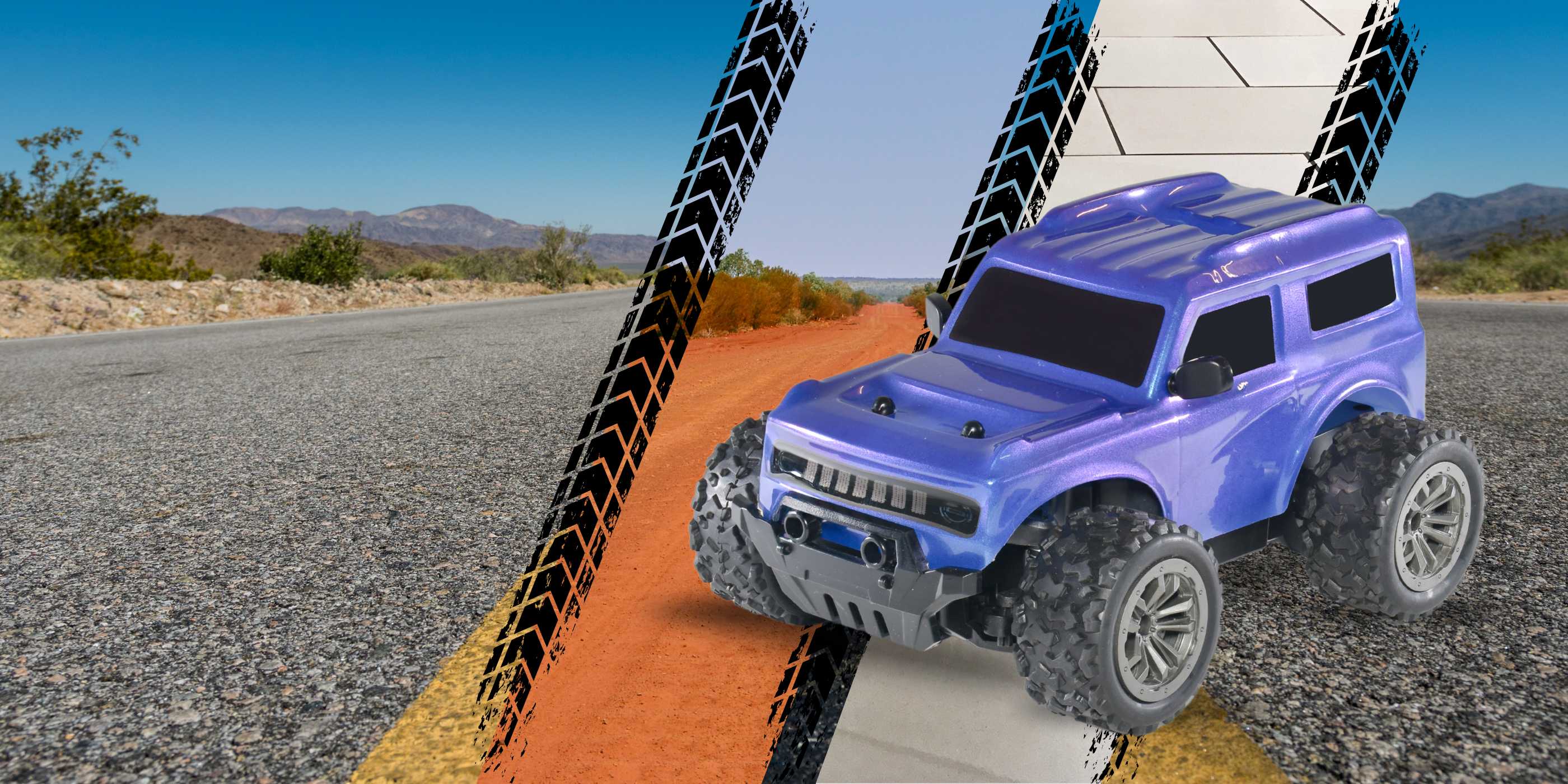 Blue RC monster truck on a road with desert landscape in the background