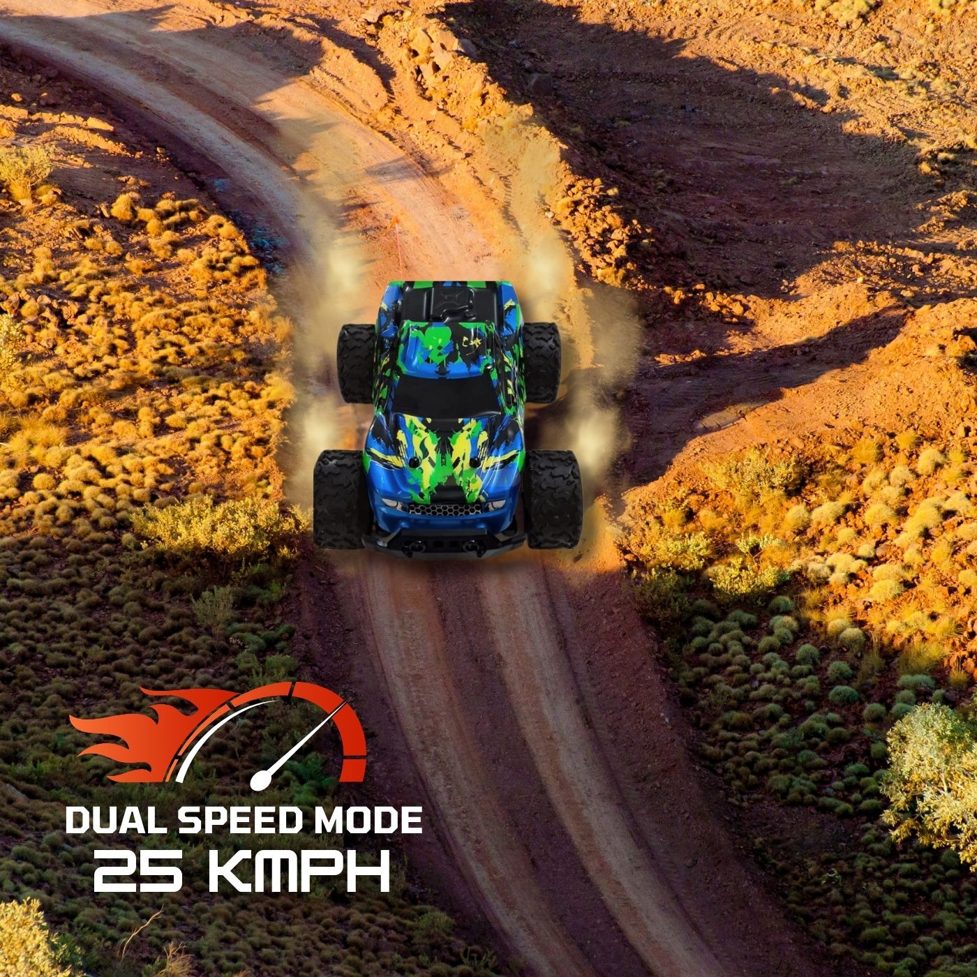 L.O.T Cars Bumble Off Road Remote Control Car driving on a dirt road with mention of its top speed and dual speed mode feature - Mobile