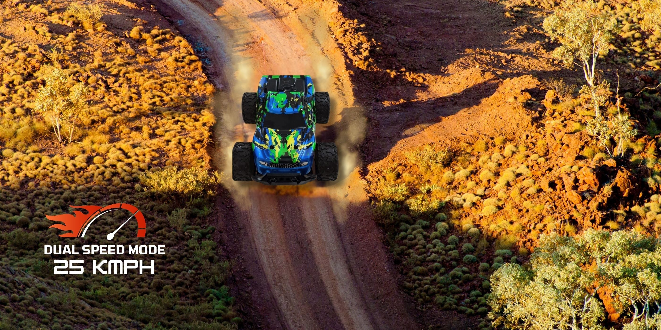 L.O.T Cars Bumble Off Road Remote Control Car driving on a dirt road with mention of its top speed and dual speed mode feature
