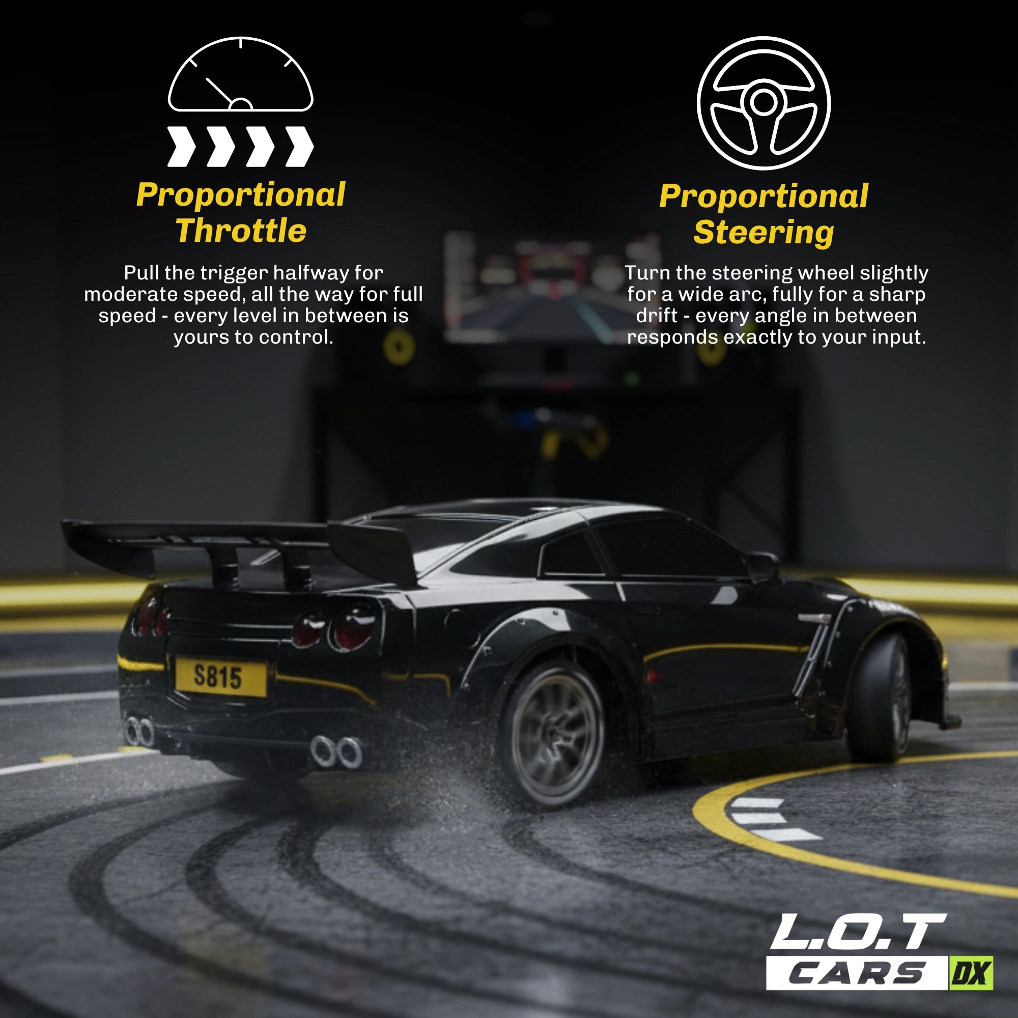 Black and white RC car on a track with control instructions and L.O.T Cars DX branding.