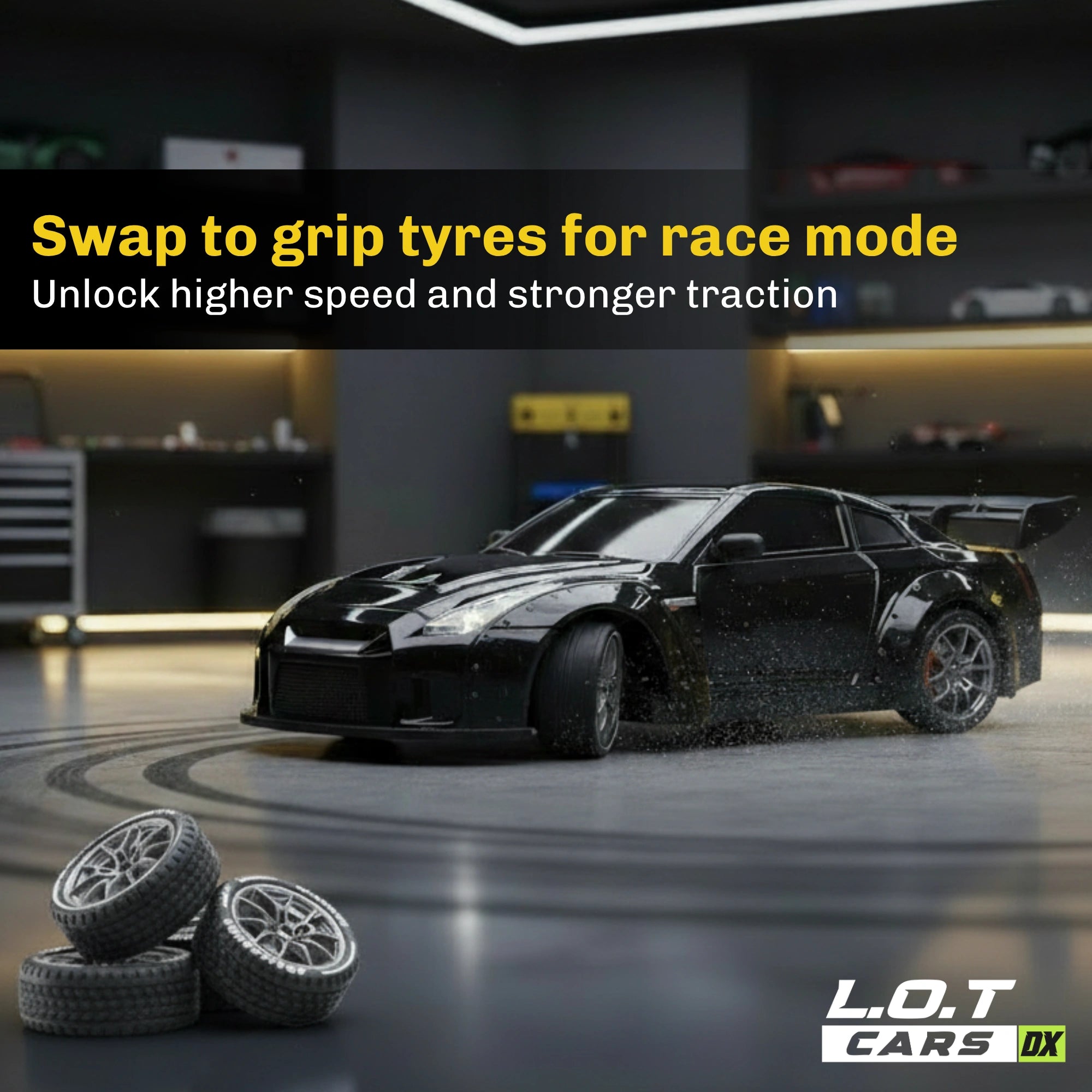RC car with grip tyres and text about race mode in a garage setting