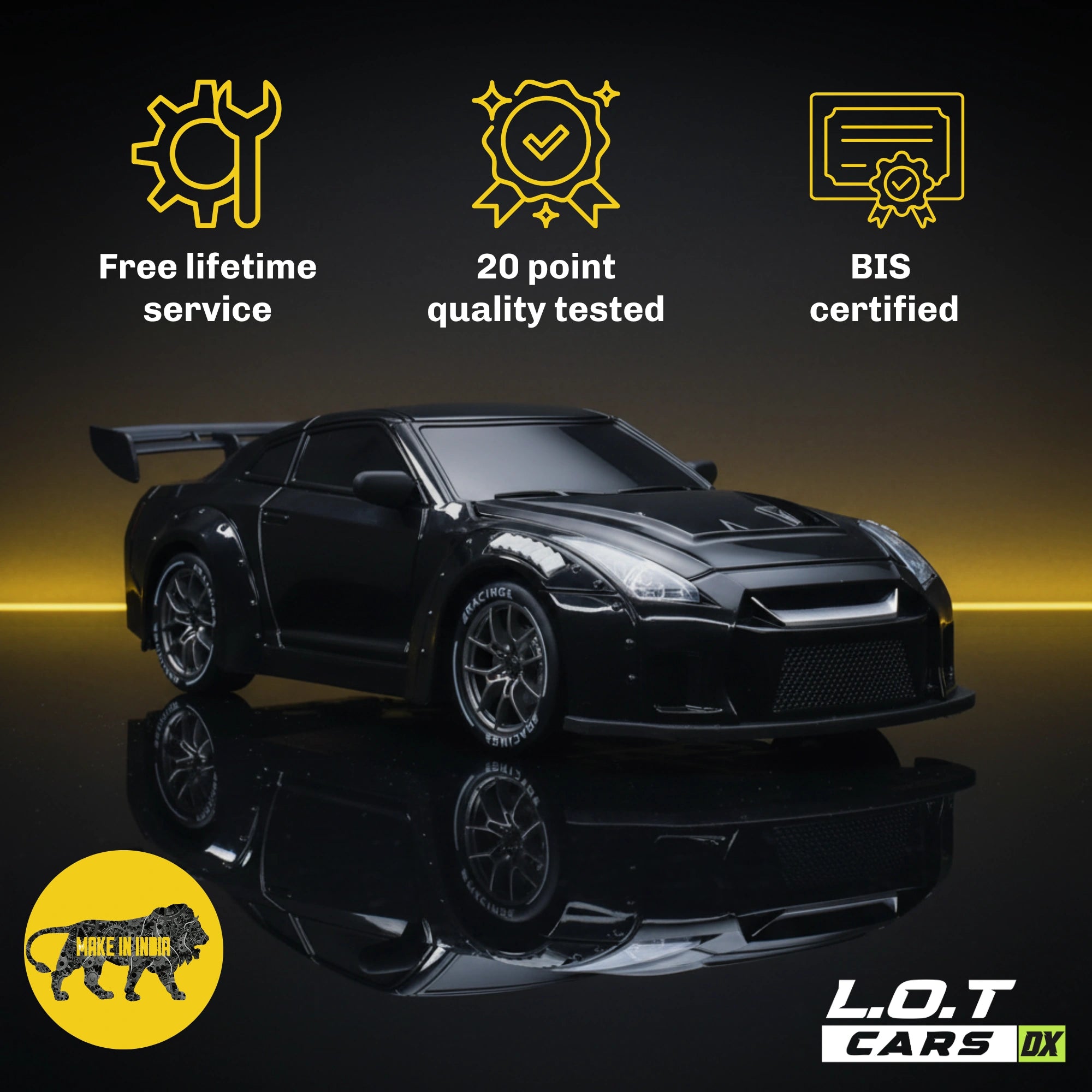 Black RC car with certification icons and text on a reflective surface