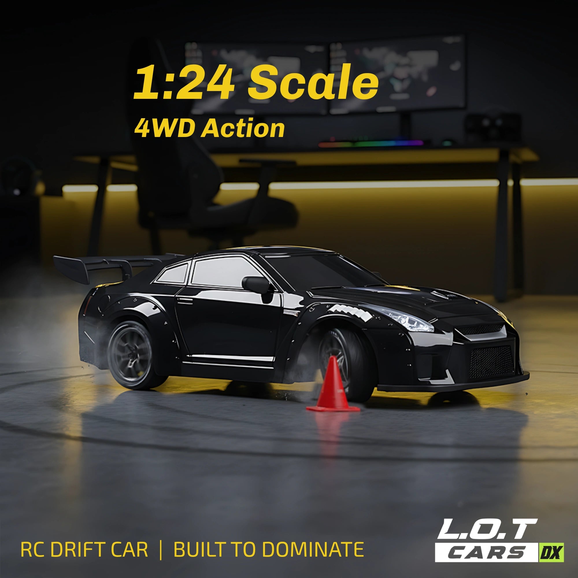 Black RC drift car with '1:24 Scale 4WD Action' text on a dark background.