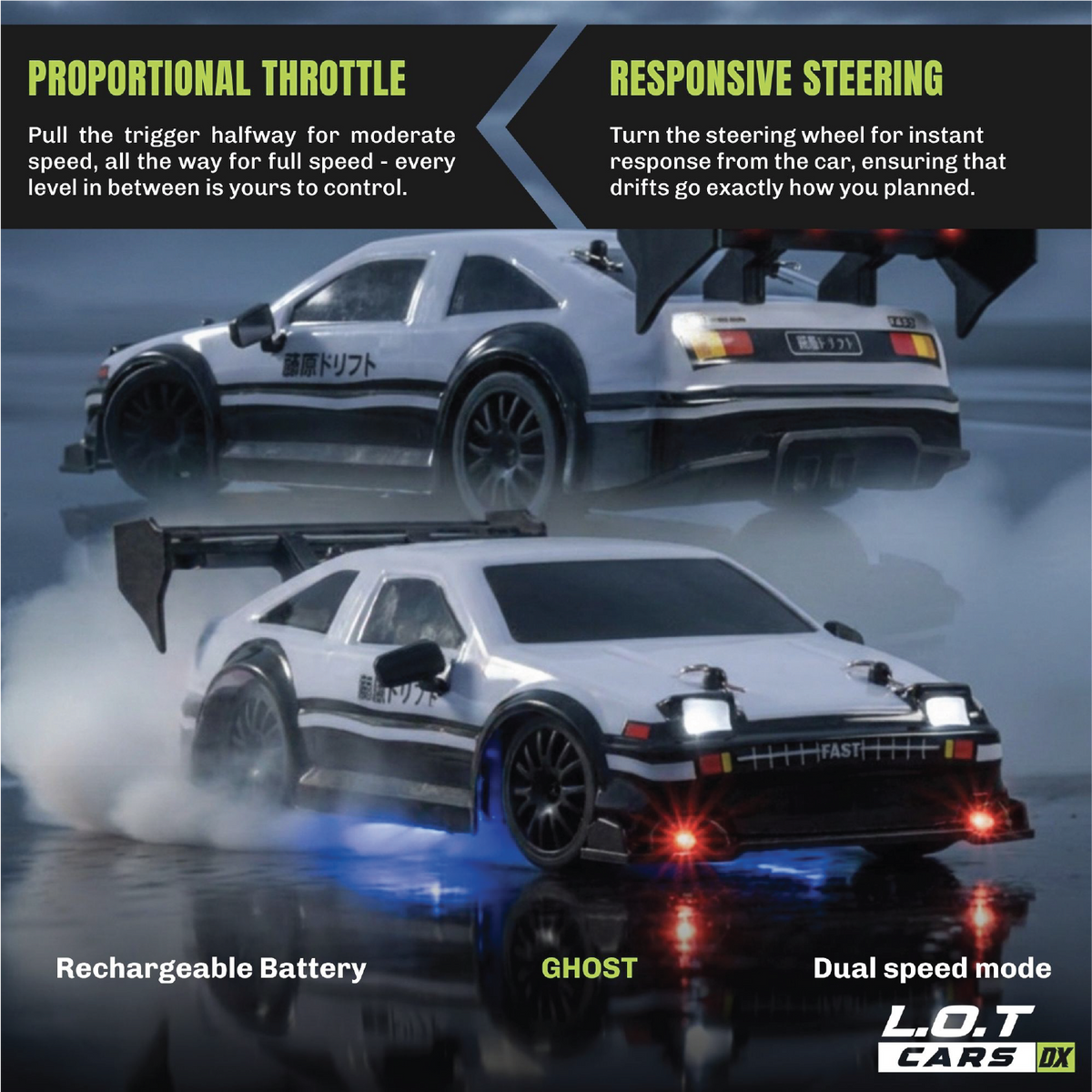 Proportional throttle and responsive steering explained on the white and black Ghost wedge coupe, drifting through smoke