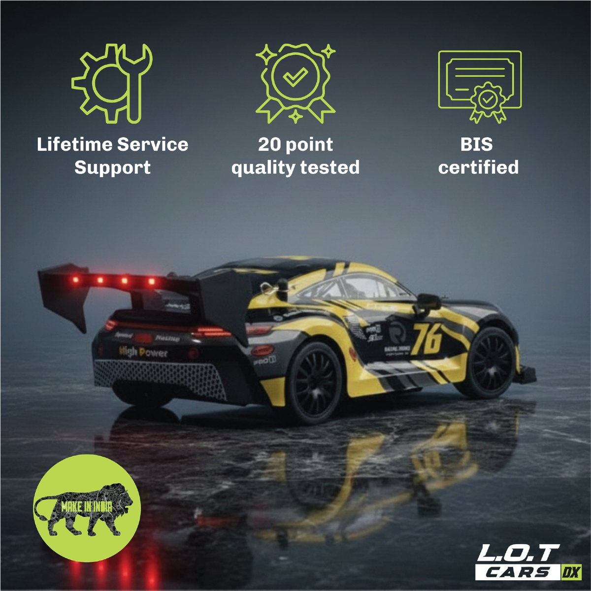 Ghost in Burnout Yellow above badges for lifetime service support, 20-point quality testing and BIS certification