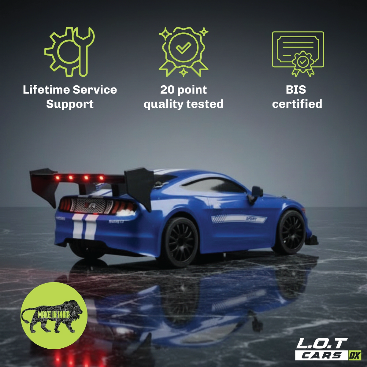 Ghost in Street Blue above badges for lifetime service support, 20-point quality testing and BIS certification